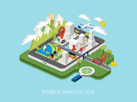 flat 3d isometric mobile navigation illustration