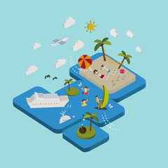 flat 3d isometric beach vacation illustration