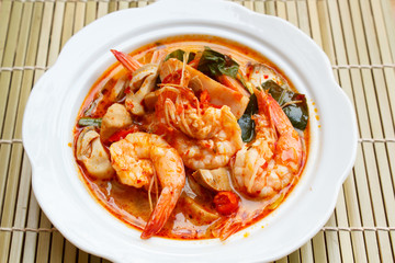 Tom Yum Goong, spicy soup with shrimp.