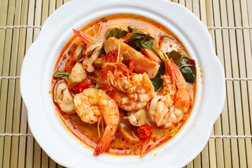 Tom Yum Goong, spicy soup with shrimp.