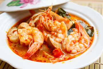 Tom Yum Goong, spicy soup with shrimp.
