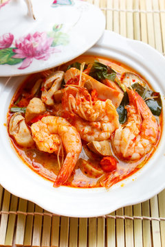 Tom Yum Goong, spicy soup with shrimp.