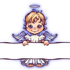 Vector illustration of cute angel with panel for text