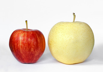 Apple and pear on a white background.