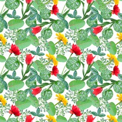 Bright pattern with leaves and flowers