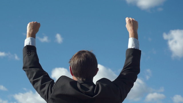 Male Businessman Back Raising Victory Arms