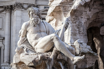 Fountain of the Four Rivers closeup at Piazza Navona, Rome, Ital