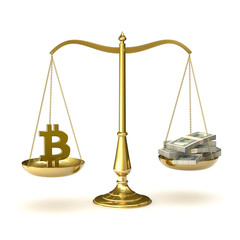 Scales of justice with bitcoin symbol and hundred dollar bills