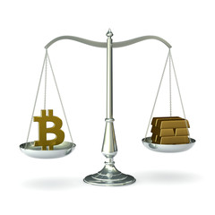 Classic scales of justice with bitcoin symbol and gold bars