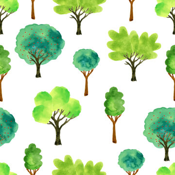 Cute watercolor trees. Spring seamless pattern. Vector