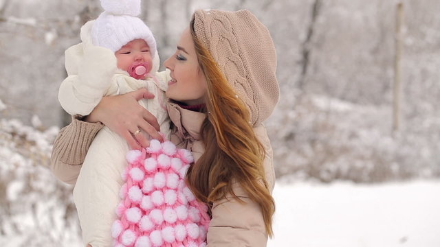 Smiling Young Mother With Child in Winter