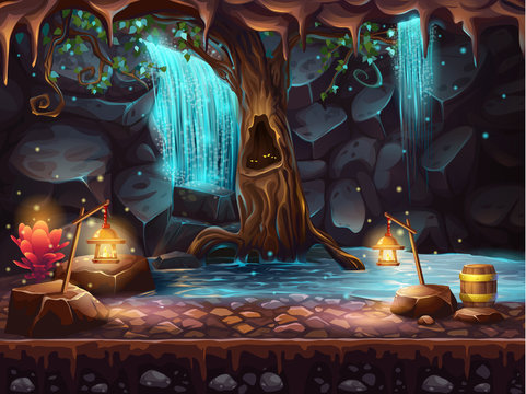 Cave with a waterfall and a magic tree and barrel of gold