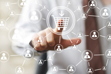 Hand press on Shopping Cart icon sign