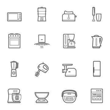 Kitchen appliances vector line style icon set