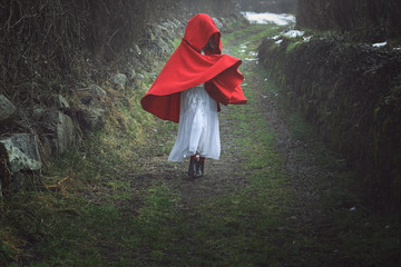 Red hooded woman on a dark country road