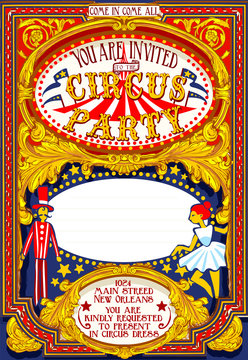 Circus Show Retro Template Party Invite. Cartoon Poster Invitation Kid Birthday Party. Carnival Festival Theme Background Acrobatics Cabaret Vintage vector. Acrobat Clown Strip Card Game Illustration