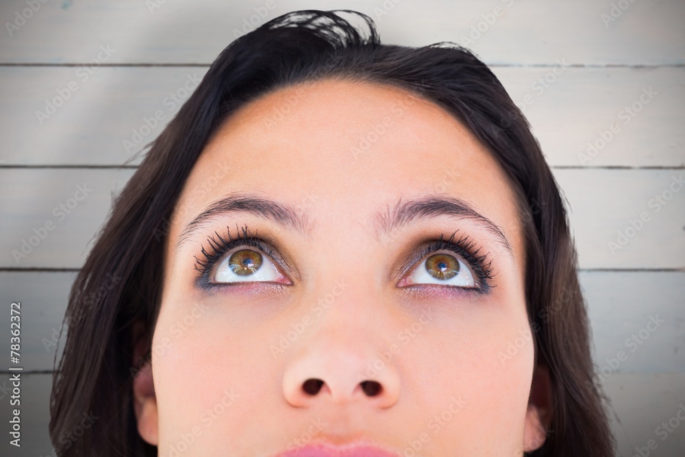 Poster composite image of pretty brunette looking up thoughfully