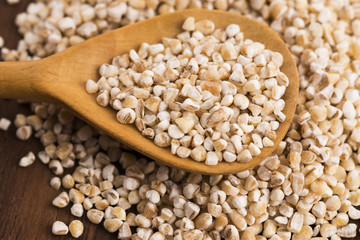 Barley groats on wooden spoon