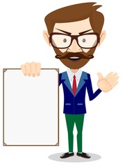 Businessman with blank poster, vector illustration