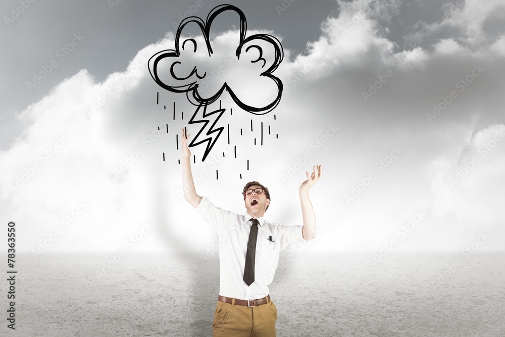 Poster composite image of geeky businessman standing with arms raised