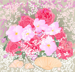 Bouquet of roses and orchids with mussels vector