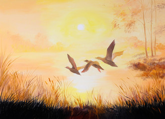 oil painting - Cranes at sunset, art work - 78363733