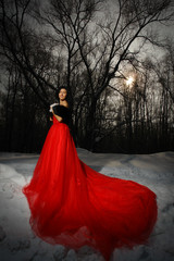 Naklejka premium Brunette in red dress in the winter forest