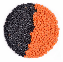 Black and red raw lentil on a white