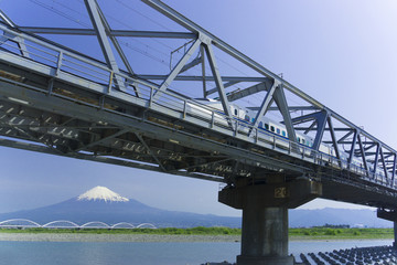 富士山と鉄橋をハイスピードで走行する新幹線