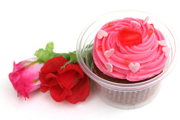 strawberry cake with rose on white bg