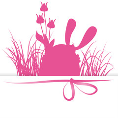 easter bunny, easter egg, grass, flowers, gift ribbon