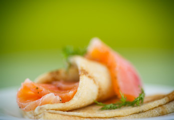 stack of pancakes with salted salmon
