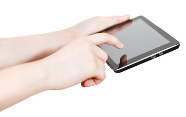 girl holding and clicking tablet-pc screen isolated