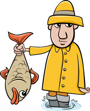 fisherman holding fish in yellow raincoat clip art preview