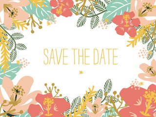 Save the date card with floral background. Vector design.