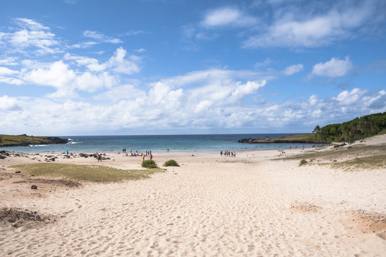 Anakena beach in Rapa Nui National Park , Easter Island (Chile)