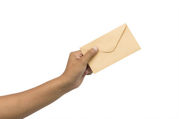 Male hand holding blank envelope isolated on white background
