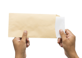 Male hand holding blank envelope with blank paper