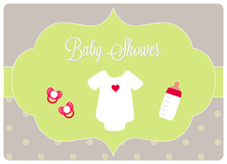 baby shower card, baby bodysuit, pacifiers and baby bottle