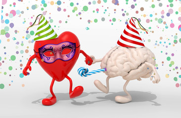 heart and brain with arms, legs on carnival party