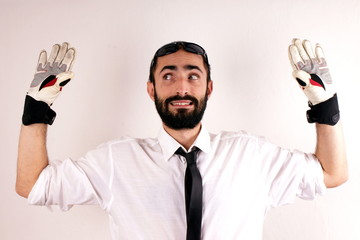 Businessman wearing sports gloves