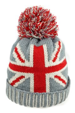 Knitted Wool Hat with Union Jack Flag Isolated On White