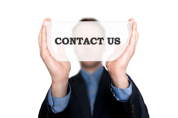Businessman Holding Sign Contact Us. White background