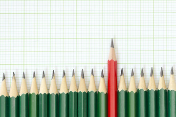 Red colored pencil stand up from the rest.