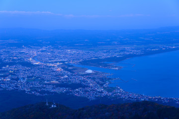 The city of Mutsu at dusk in Aomori, Japan