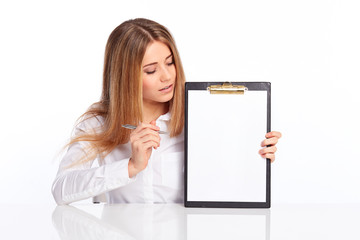 Business young woman showing on the folder