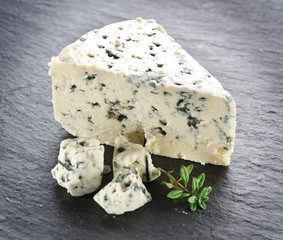 Slices of Danish Blue cheese.