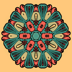 Mandala flower design over yellow pattern. 