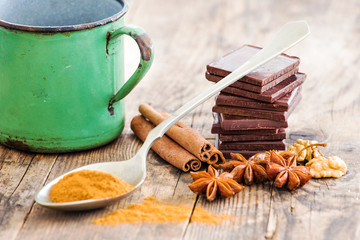 Chocolate wood table surrounded by spices.