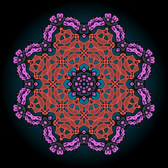 Mandala in pink and red over black background with gradient.